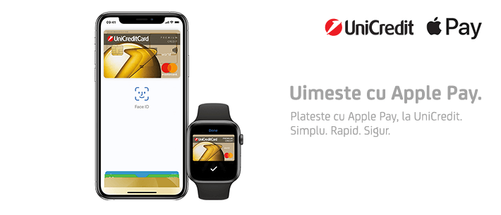 Uiteste cu Apple Pay, plateste cu apple pay la Unicredit, simplu. rapid. sigur.
